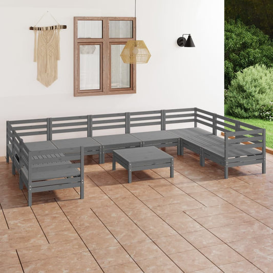 10 Piece Garden Lounge Set Grey Solid Wood Pine