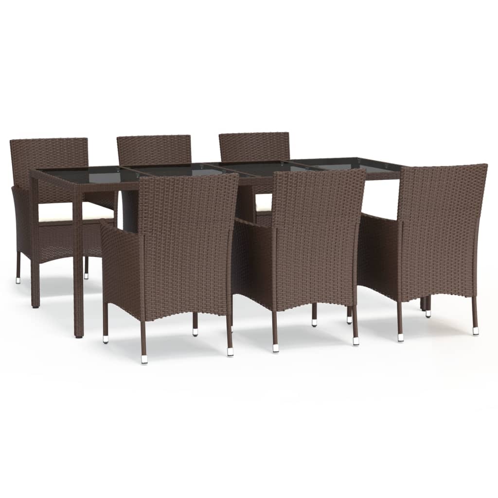 7 Piece Garden Dining Set with Cushions Brown Poly Rattan