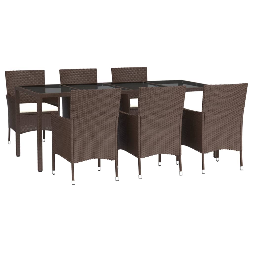 7 Piece Garden Dining Set with Cushions Brown Poly Rattan