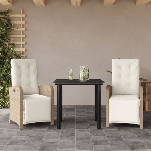 3 Piece Bistro Set with Cushions Beige Poly Rattan