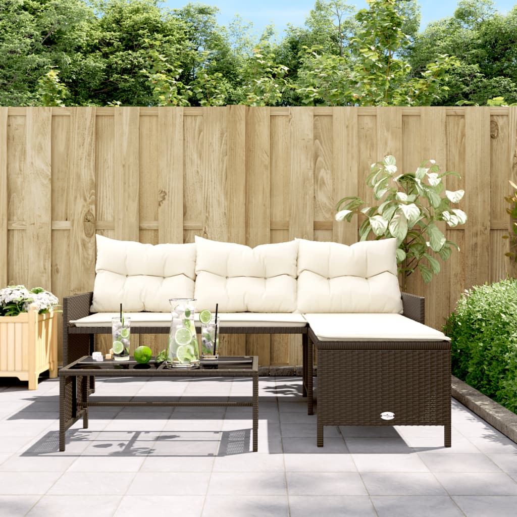 Garden Sofa with Table and Cushions L-Shaped Brown Poly Rattan