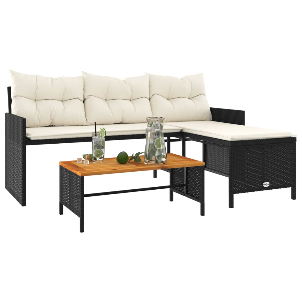Garden Sofa with Table and Cushions L-Shaped Black Poly Rattan